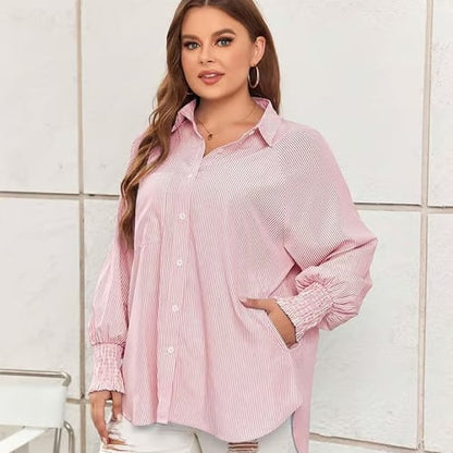 🔥Last Day 49% OFF🔥Chic Striped V-Neck Blouse: Oversized Fit & Smocked Cuffs
