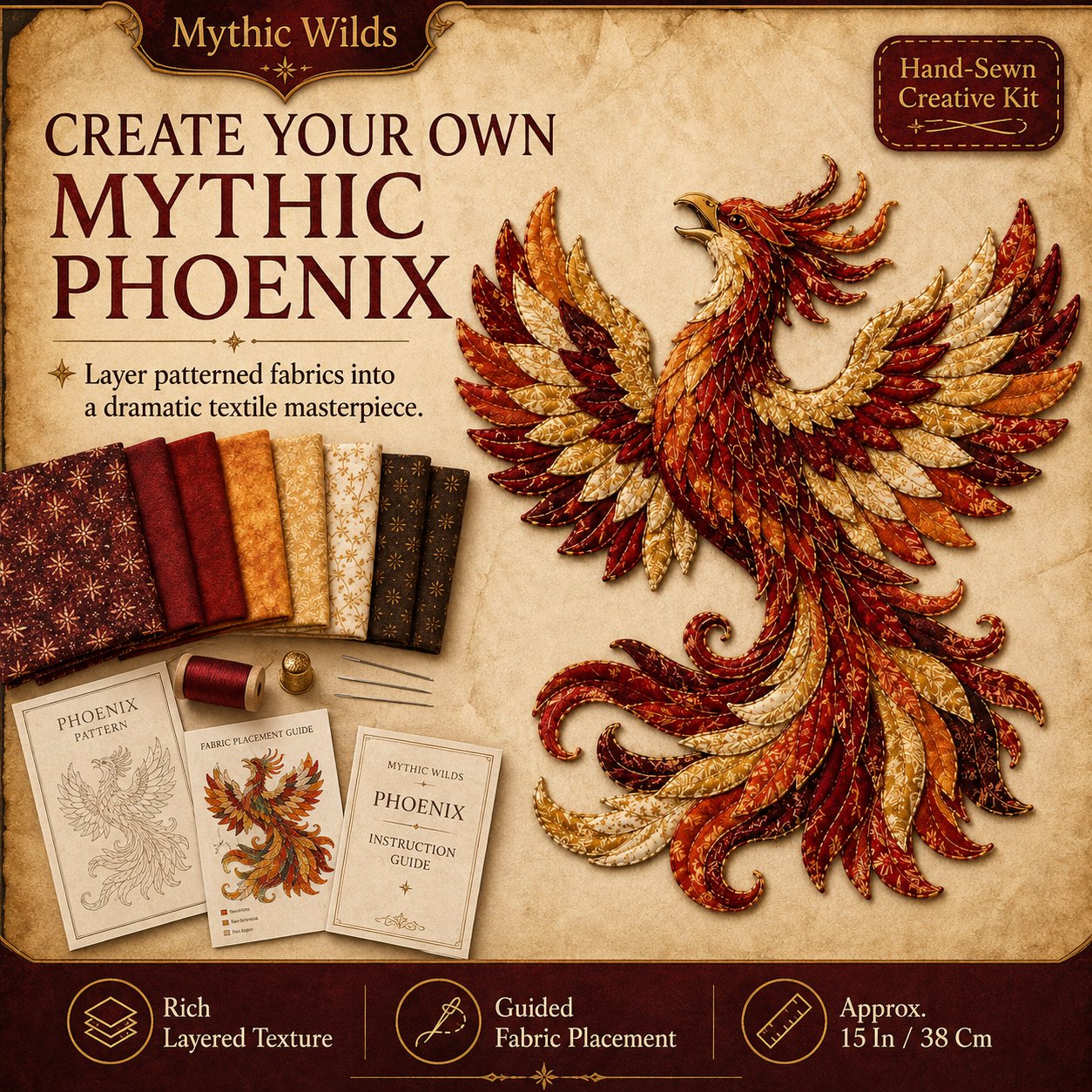 ⏳ Last Day 50% OFF – 🌙 Beginner-Friendly Mythic Wilds DIY Layered Patchwork Art Kit | Complete Kit with Patterned Fabrics, Sewing Materials & Step-by-Step Guide Included 💕