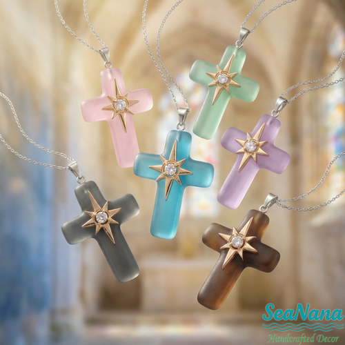 🌊Ocean Blessed Cross-Sea Glass Pendant That Shines with Faith & Nature💫