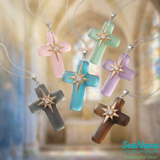 🌊Ocean Blessed Cross-Sea Glass Pendant That Shines with Faith & Nature💫