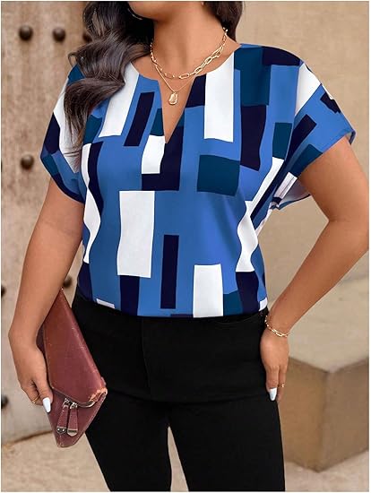 Women's Plus Size Color Block Shirt Blouse Short