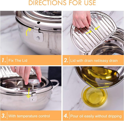 🍤Deep Fryer Pot with Oil Drop Tray Basket and Oil Thermometer, 304 Stainless Steel, Japanese-Style