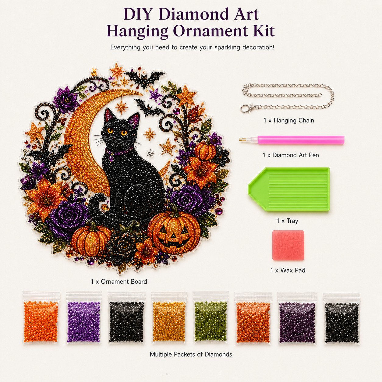 Black Cat Moon Diamond Art Hanging Ornament Kit – Relaxing DIY Halloween Craft 🎃💎