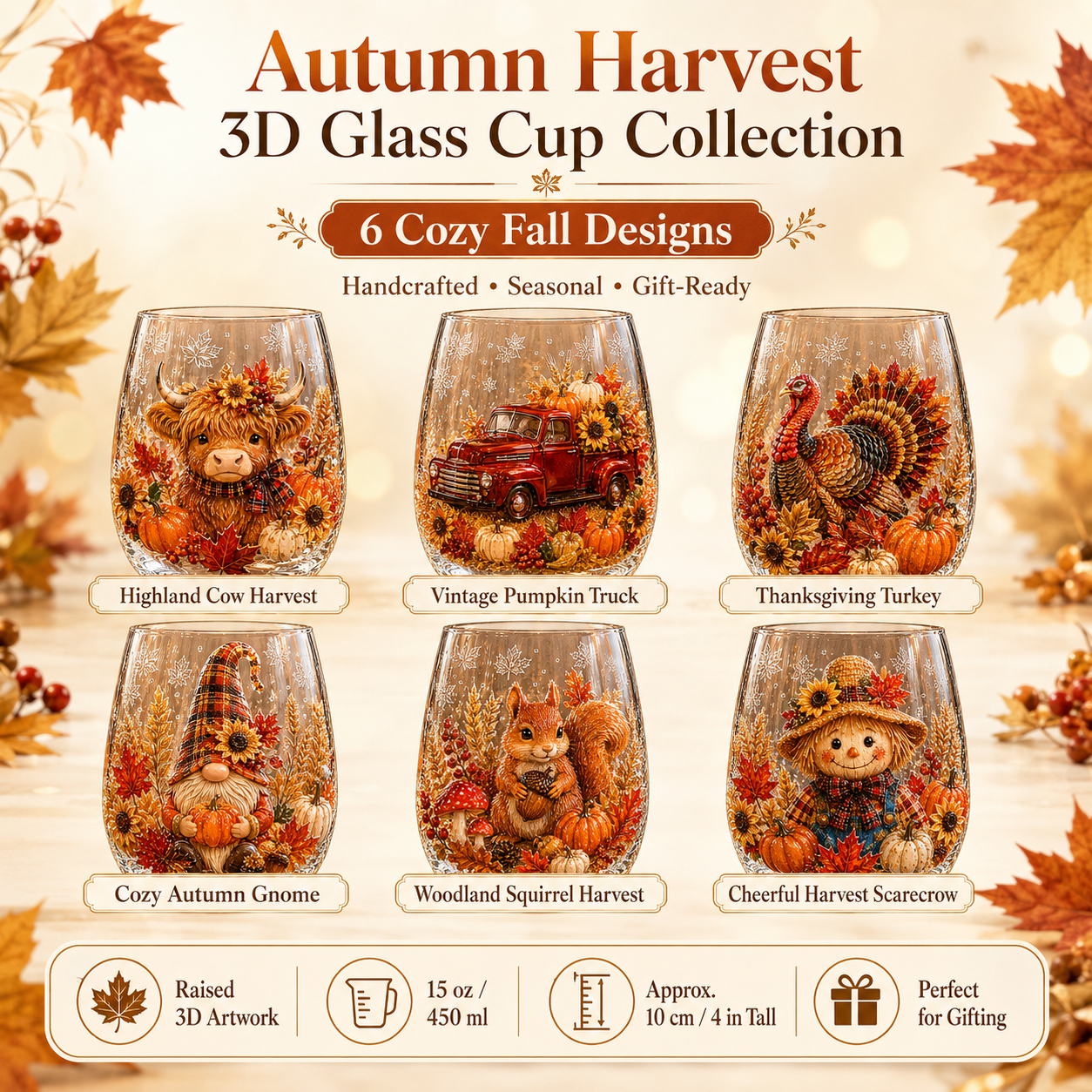 🍂Autumn Harvest 3D Glass Cup Gift Set – 6 Festive Designs