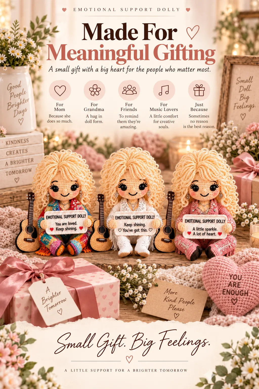 🔥LAST DAY 50% OFF - 💗Handmade Crochet Emotional Support Dolls | Country‑Music‑Inspired Encouragement Keepsake Gift With Heartfelt Positive Message Cards