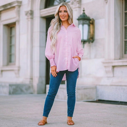 🔥Last Day 49% OFF🔥Chic Striped V-Neck Blouse: Oversized Fit & Smocked Cuffs