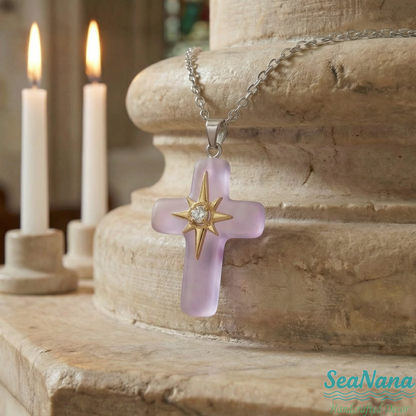 🌊Ocean Blessed Cross-Sea Glass Pendant That Shines with Faith & Nature💫
