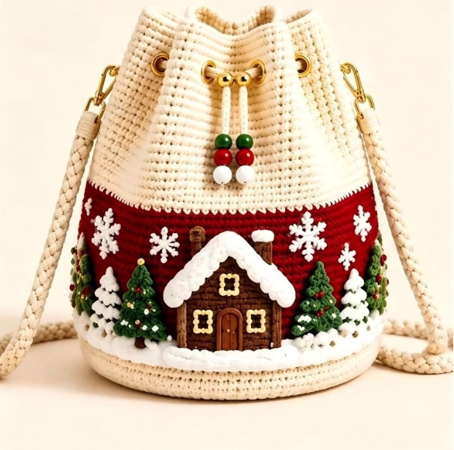 🎄 50% OFF Christmas Crochet Bucket Bag ✨ Festive Crossbody Holiday Purse