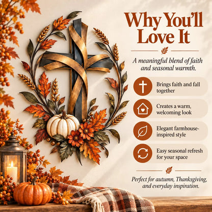 ✝️🍂 Autumn Cross & Pumpkin Harvest Metal Wall Decor