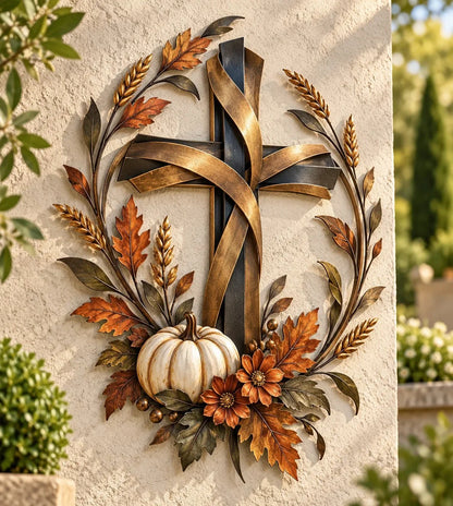 ✝️🍂 Autumn Cross & Pumpkin Harvest Metal Wall Decor