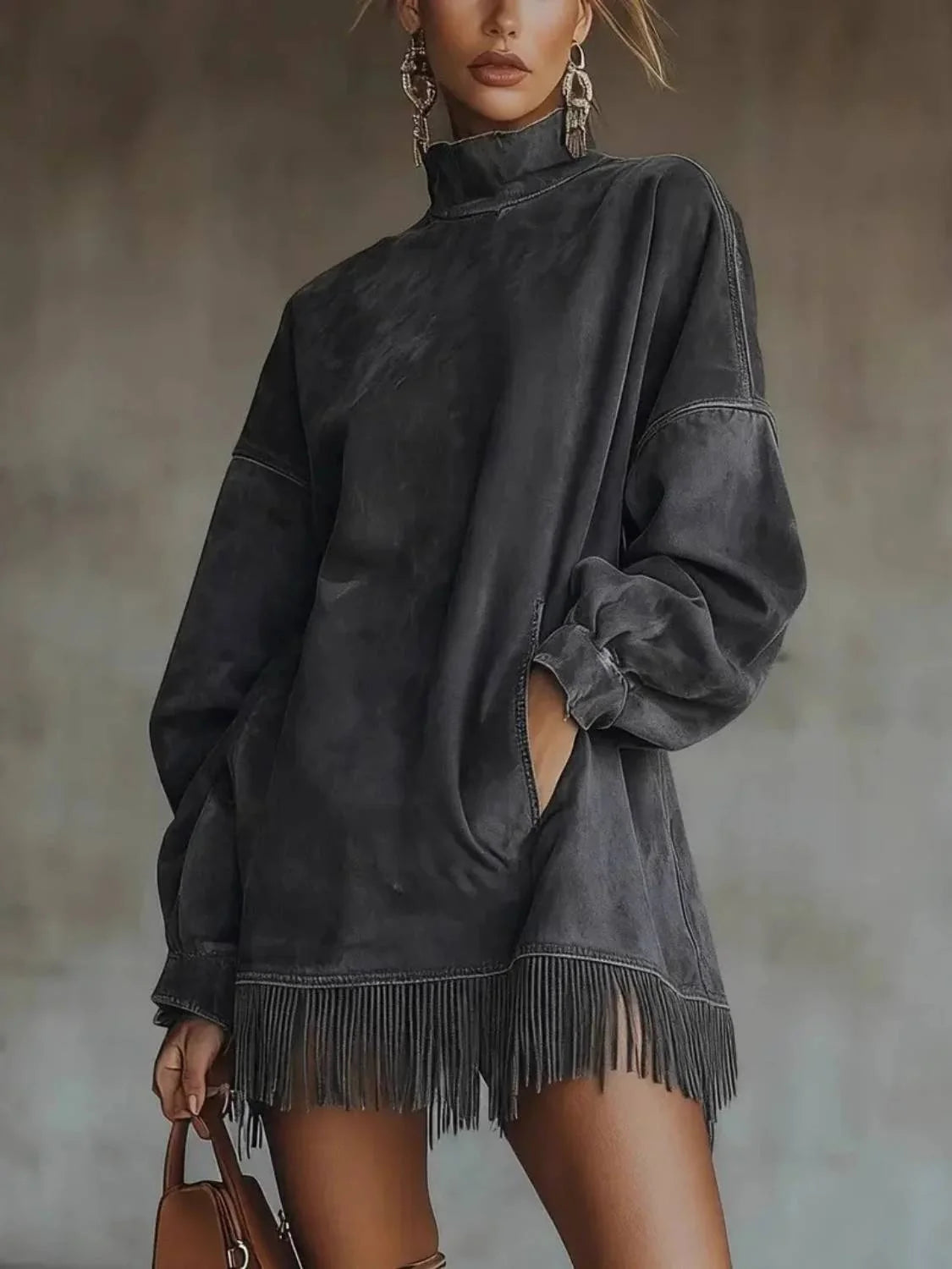 Limited time sale🔥Women's High Neck Oversized Fringe Sweatshirt Dress with Side Pockets