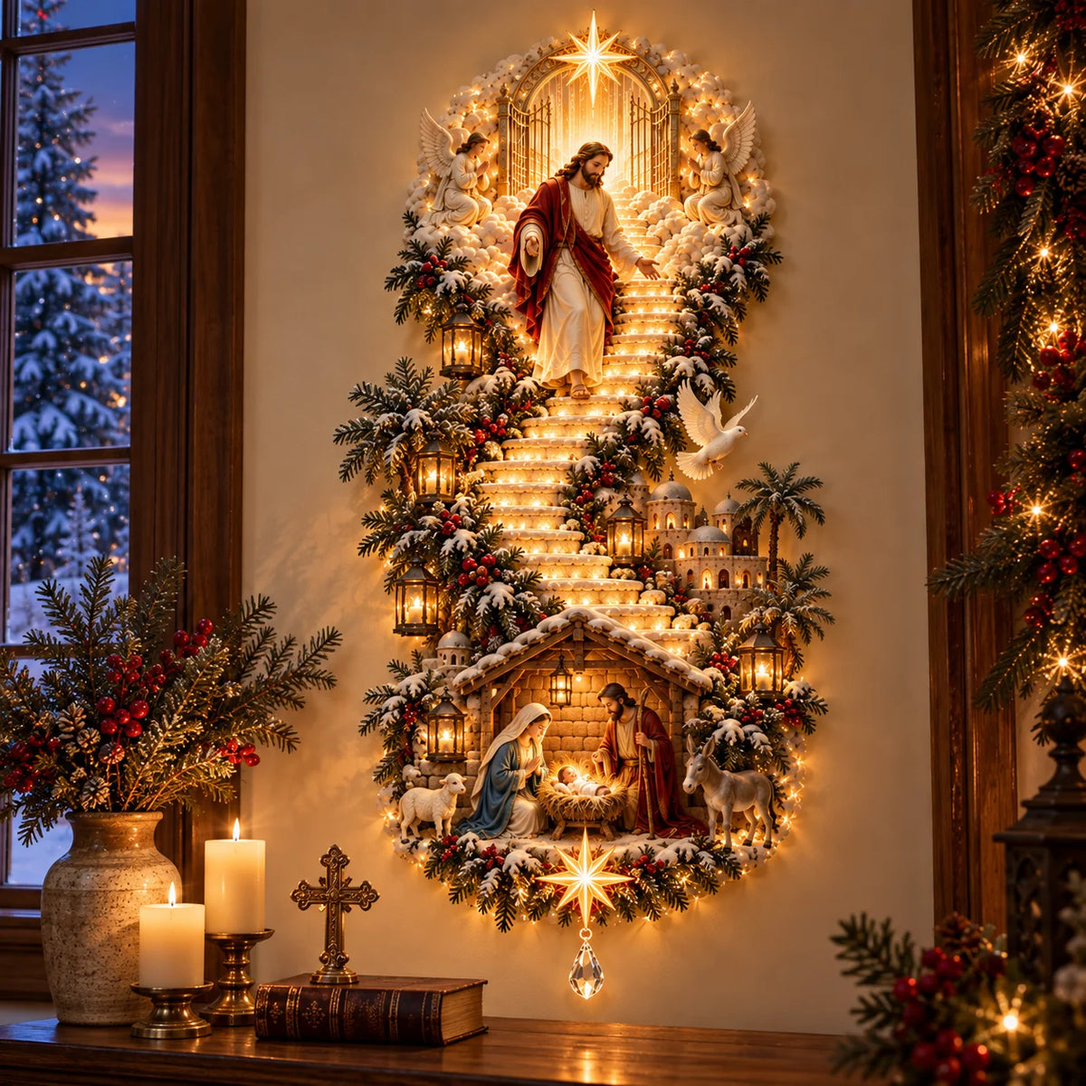Jesus Light of Heaven Christmas Wall Hanging displayed in a warm Christmas home