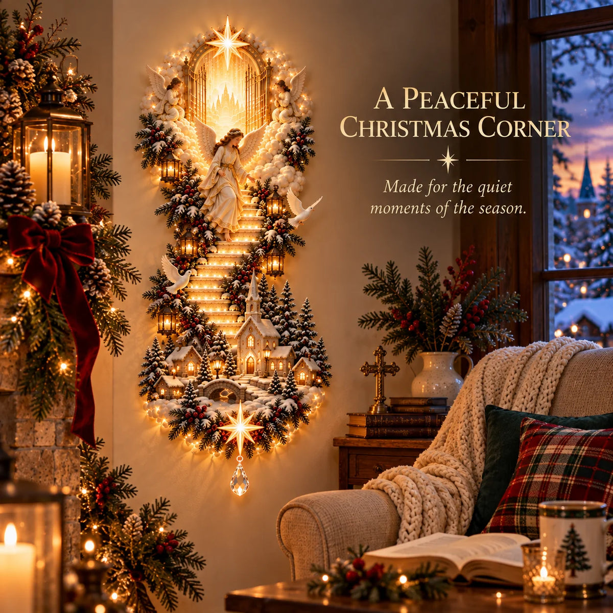Angel Christmas wall hanging in peaceful Christmas corner