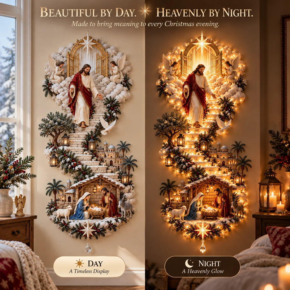 Jesus Light of Heaven Christmas wall hanging day and night comparison