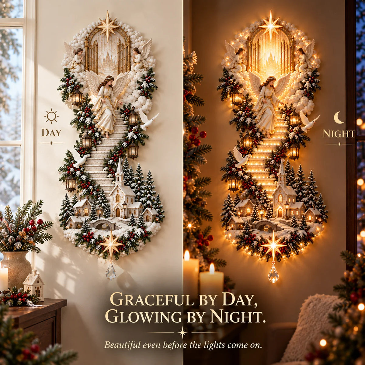 Angel Light of Heaven Christmas wall hanging by day and night