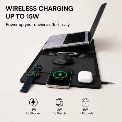 The All-In-One Mobile Workstation Sleeve | Built-In 15W Multi-Device Wireless Charger, Ergonomic Laptop Stand & Mousepad (Fits up to 16")