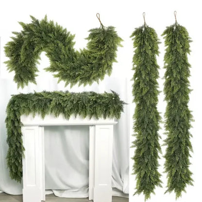6 FT 2 Pcs Artificial Cedar Garlands, Real Touch Winter Cedar Garland, Green Artificial Greenery Pine Garland for Table, Mantle, Wall, Indoor, Outdoor Christmas Decorations (2, 6 FT)