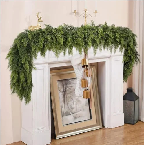 6 FT 2 Pcs Artificial Cedar Garlands, Real Touch Winter Cedar Garland, Green Artificial Greenery Pine Garland for Table, Mantle, Wall, Indoor, Outdoor Christmas Decorations (2, 6 FT)