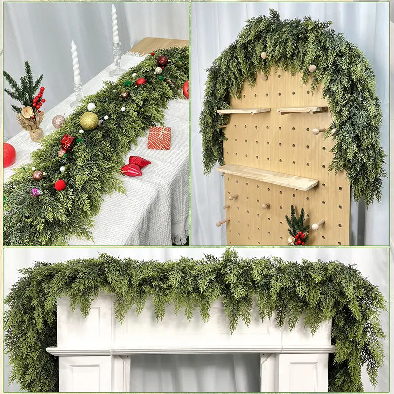 6 FT 2 Pcs Artificial Cedar Garlands, Real Touch Winter Cedar Garland, Green Artificial Greenery Pine Garland for Table, Mantle, Wall, Indoor, Outdoor Christmas Decorations (2, 6 FT)