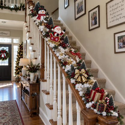 🎅 Santa’s Sleigh Snowy Stair Railing Decor | Pre-Lit Christmas Banister Garland