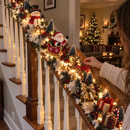 🎅 Santa’s Sleigh Snowy Stair Railing Decor | Pre-Lit Christmas Banister Garland