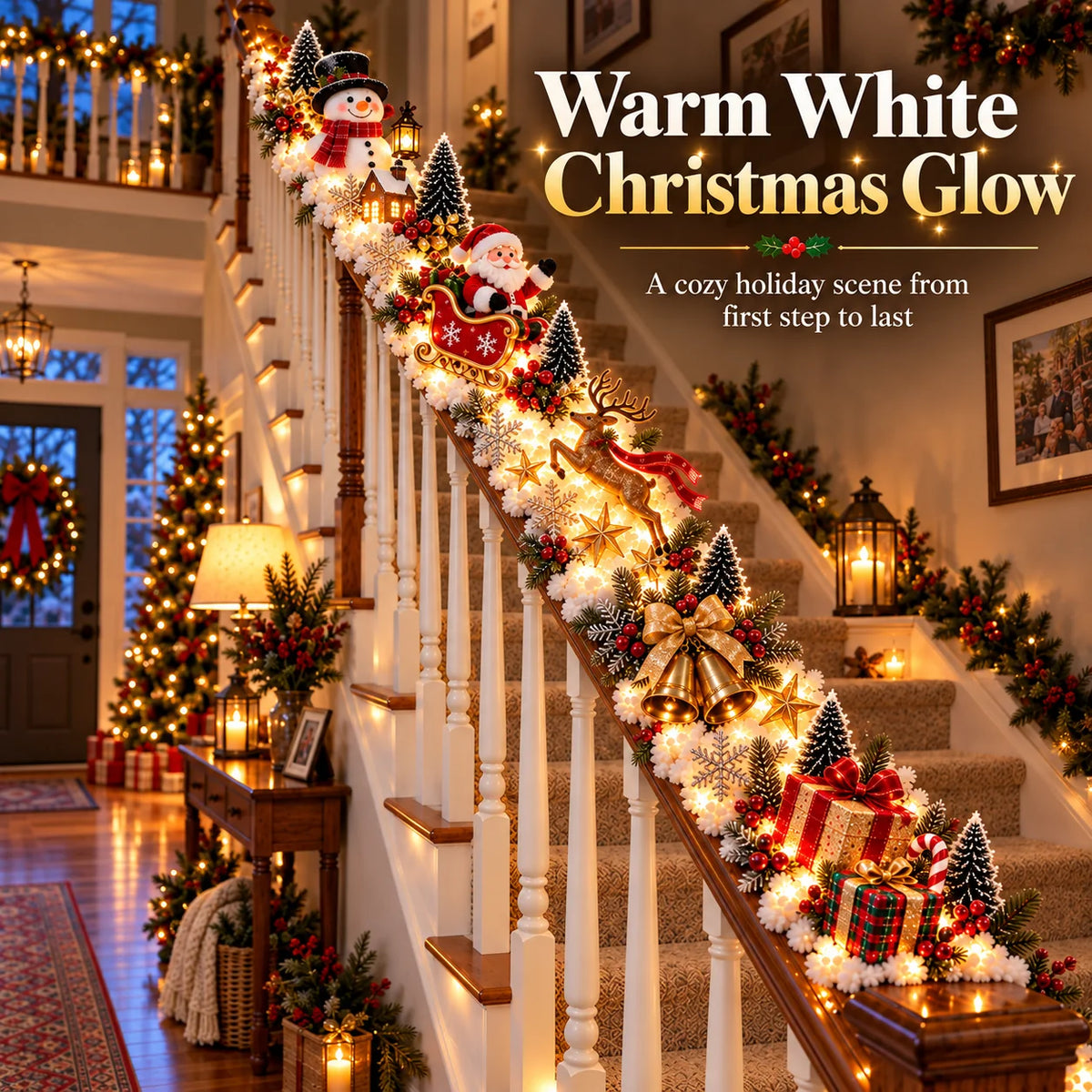🎅 Santa’s Sleigh Snowy Stair Railing Decor | Pre-Lit Christmas Banister Garland