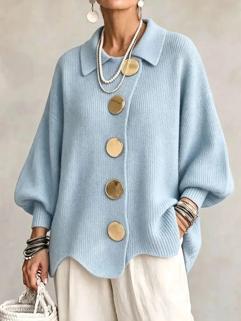 Women French Lapel Irregular Hem Lantern Sleeve Knit Cardigan