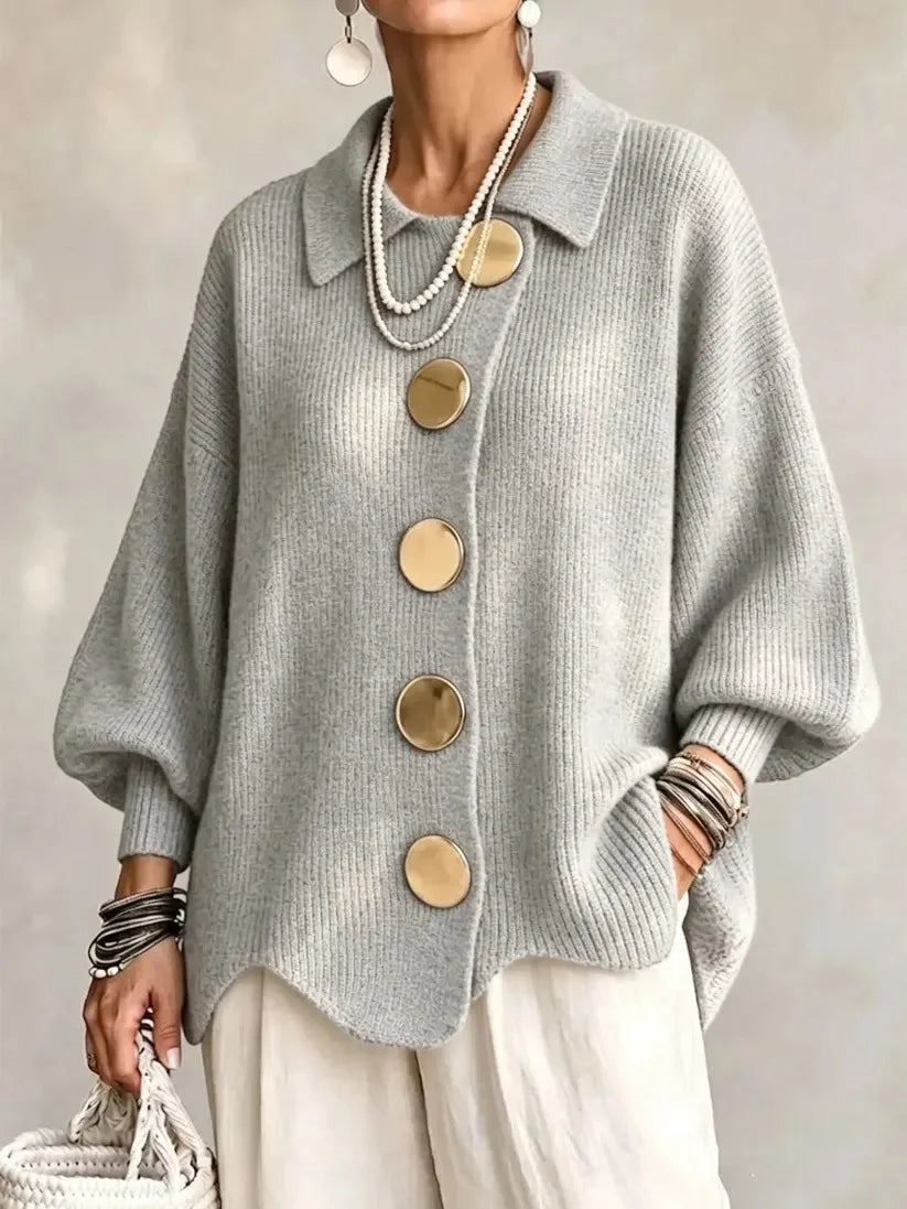 Women French Lapel Irregular Hem Lantern Sleeve Knit Cardigan