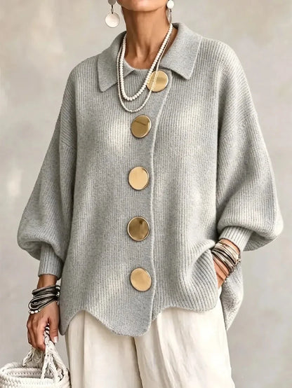Women French Lapel Irregular Hem Lantern Sleeve Knit Cardigan