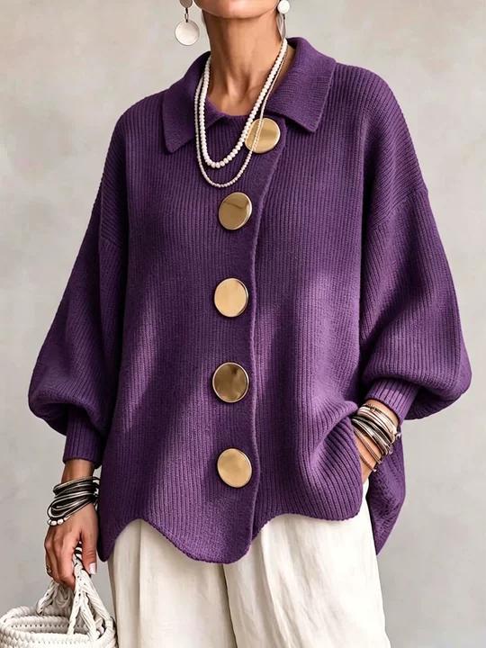 Women French Lapel Irregular Hem Lantern Sleeve Knit Cardigan