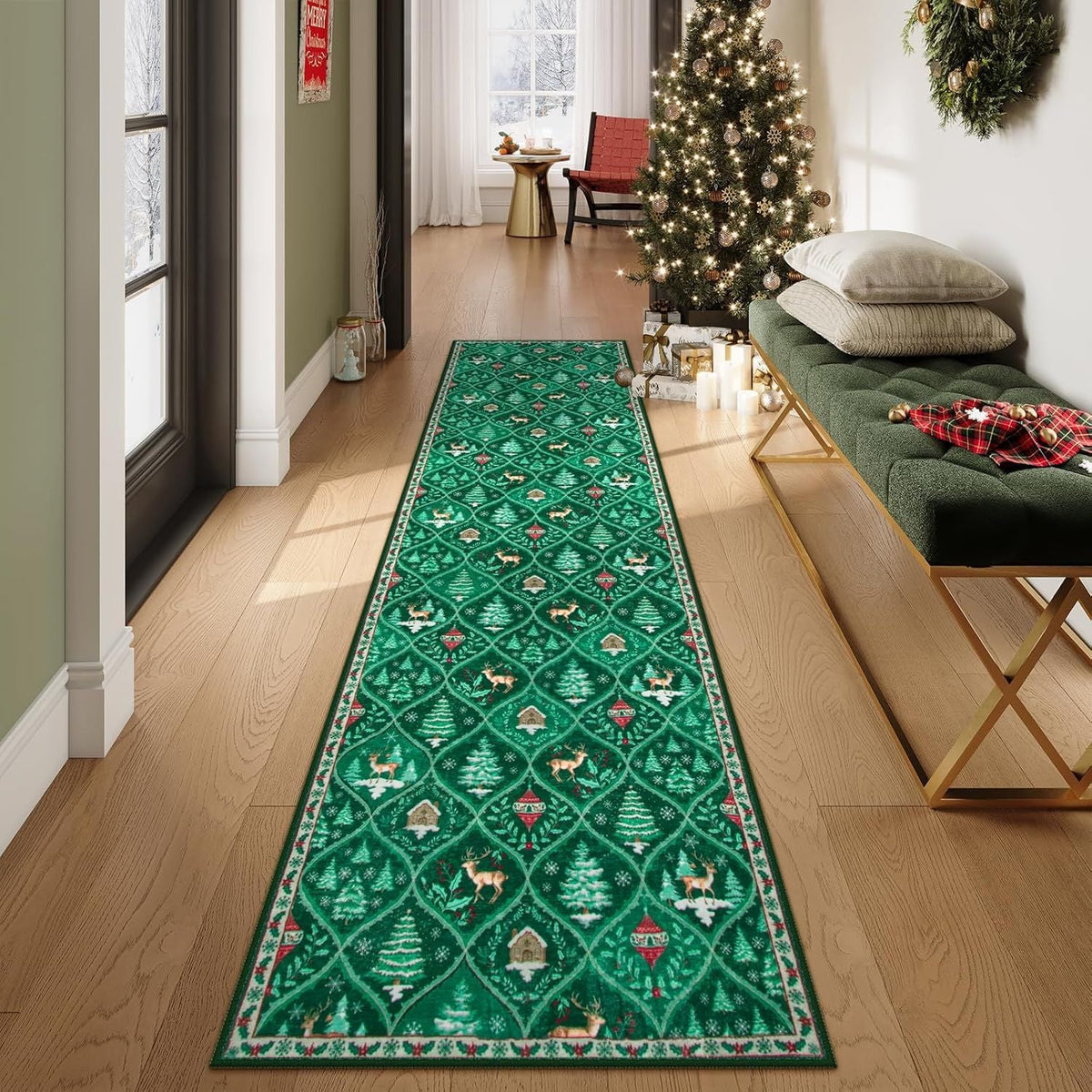 Christmas Deer Santa Long Rug