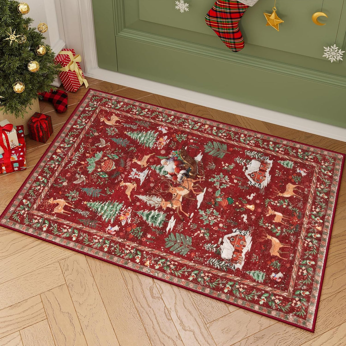 Christmas Deer Santa Long Rug