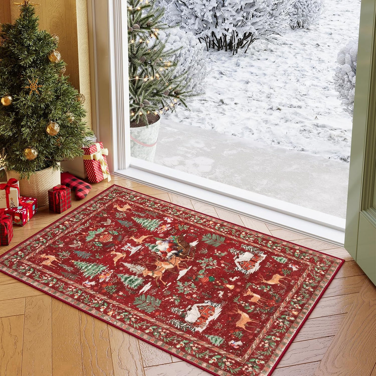 Christmas Deer Santa Long Rug