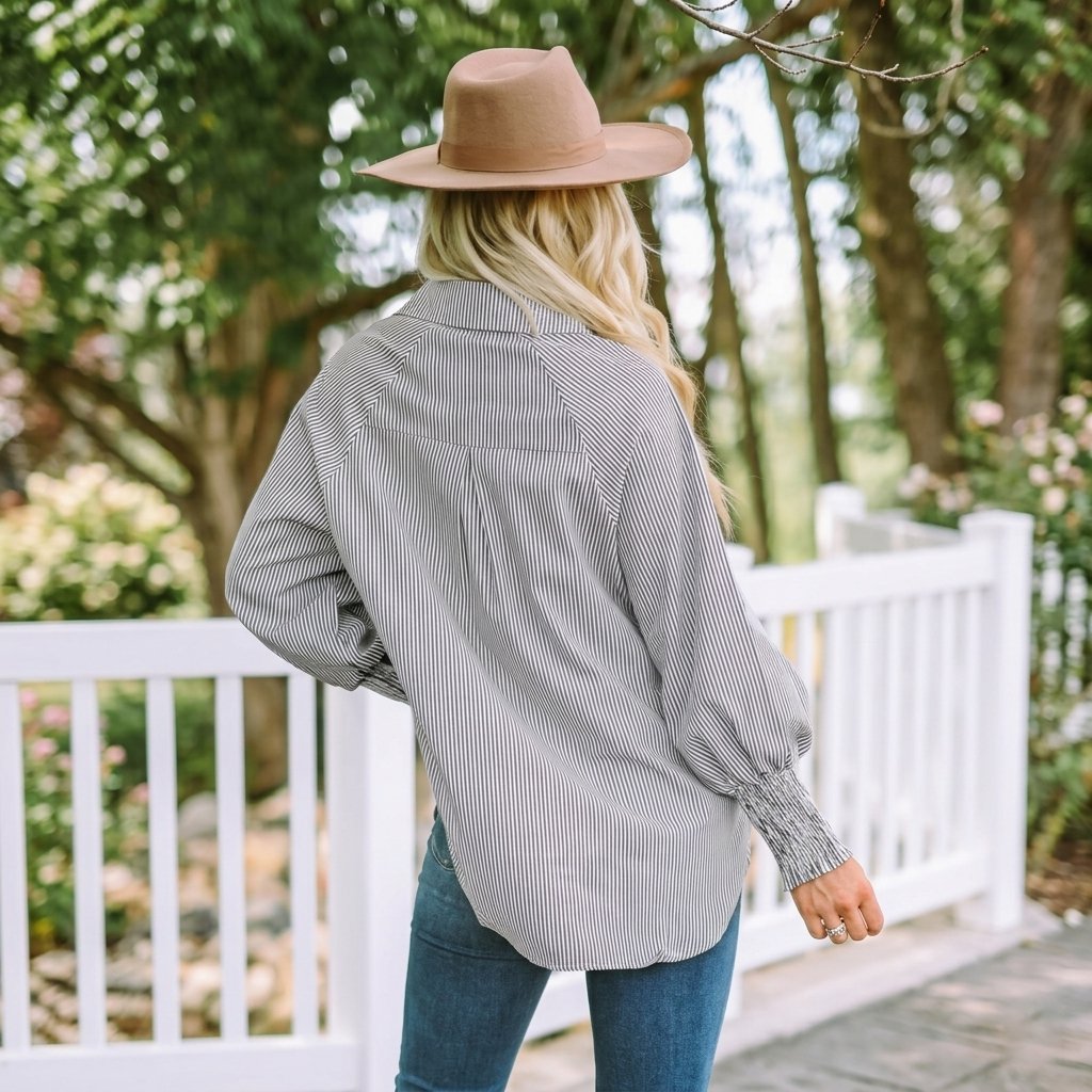 🔥Last Day 49% OFF🔥Chic Striped V-Neck Blouse: Oversized Fit & Smocked Cuffs
