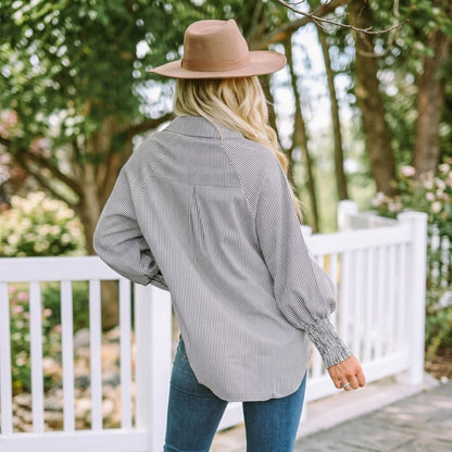 🔥Last Day 49% OFF🔥Chic Striped V-Neck Blouse: Oversized Fit & Smocked Cuffs