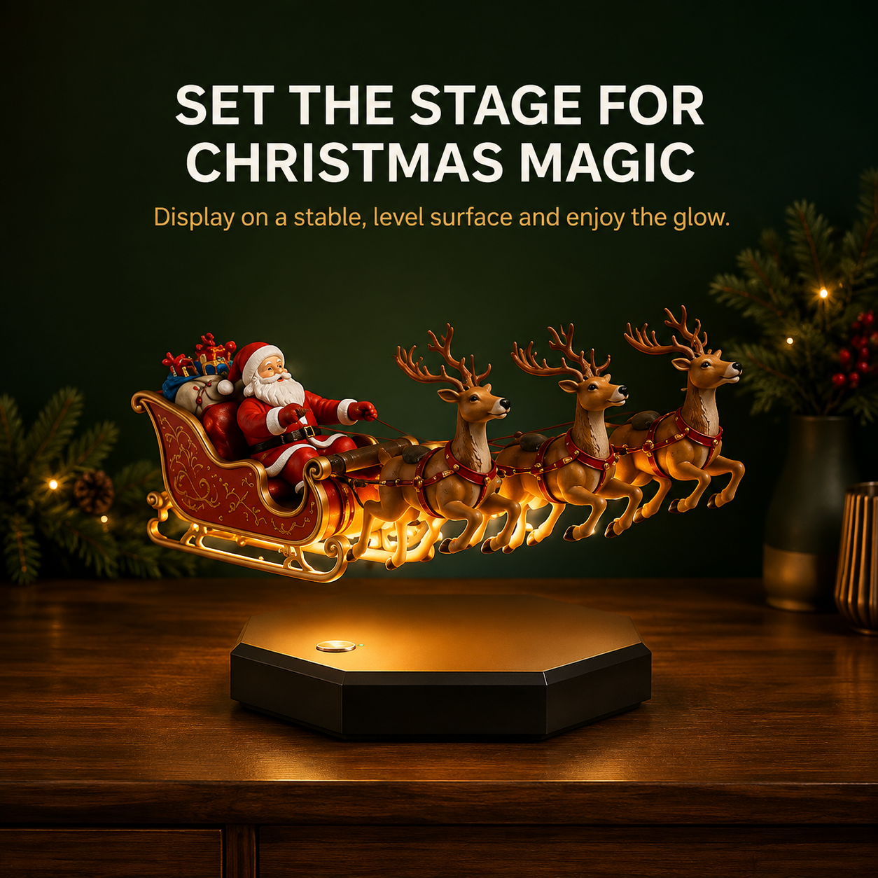 🎅🎄Floating Santa Sleigh with 4 Reindeer-Magnetic Christmas Magic