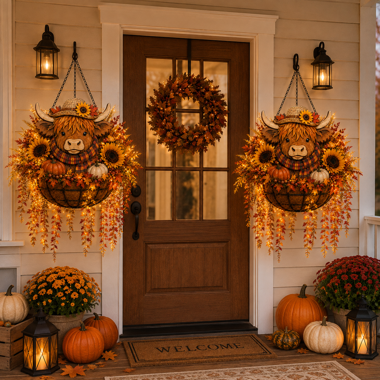 🐮🎃 Highland Cow Fall Hanging Basket with Warm LED Lights – Rustic Autumn Porch Decor & Farmhouse Welcome Accent
