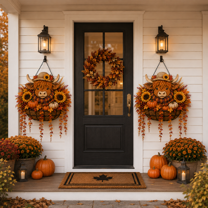 🐮🎃 Highland Cow Fall Hanging Basket with Warm LED Lights – Rustic Autumn Porch Decor & Farmhouse Welcome Accent