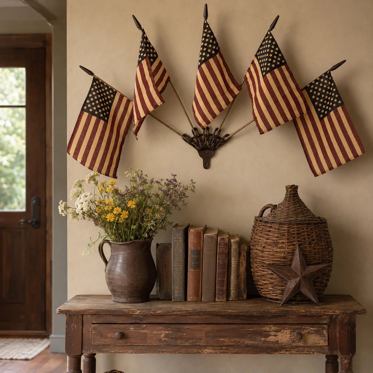 Five Tea-Stained Flags In A Rustic Cast Iron Wall Display