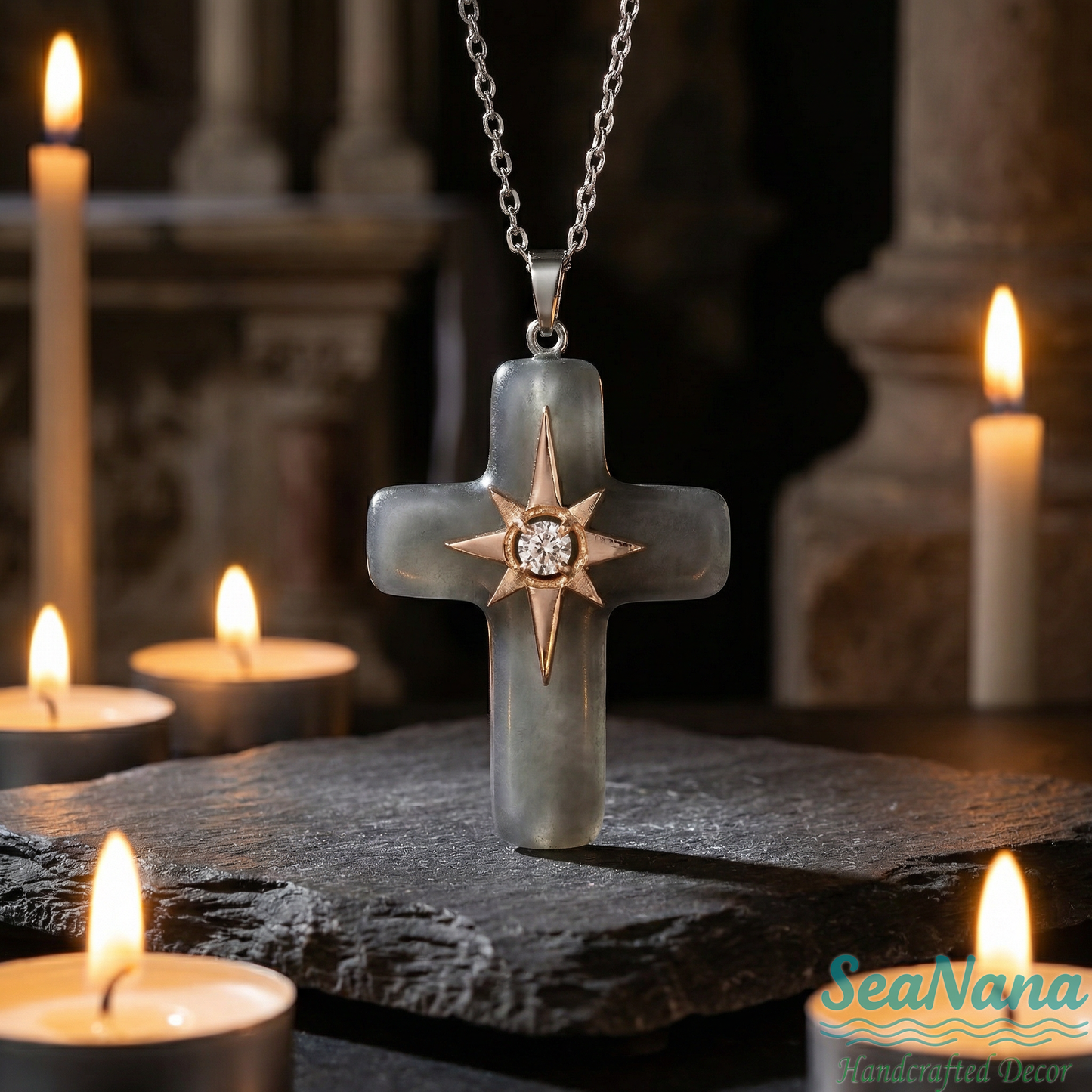 🌊Ocean Blessed Cross-Sea Glass Pendant That Shines with Faith & Nature💫