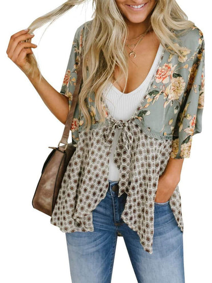 HOT SALE Women's Floral Kimono Ruffle Sleeve Tie Cardigans Flowy Boho Loose Cover Ups