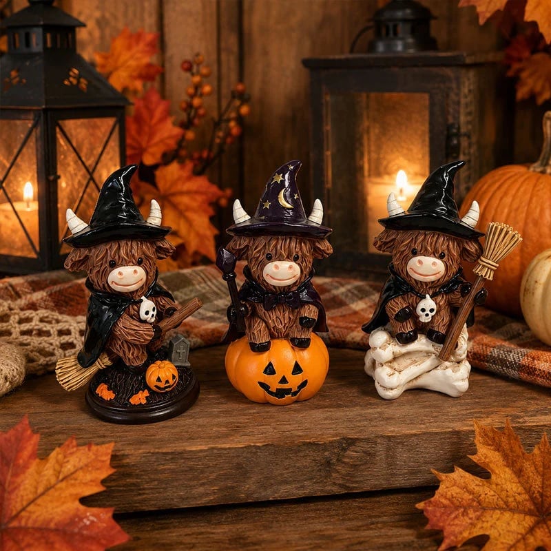 🔥Last Day 49% OFF 🐮Halloween Highland Cow Witch Ornament – Spooky-Cute Tabletop Decor for Mantel, Shelf & Candy Station