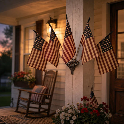 Five Tea-Stained Flags In A Rustic Cast Iron Wall Display