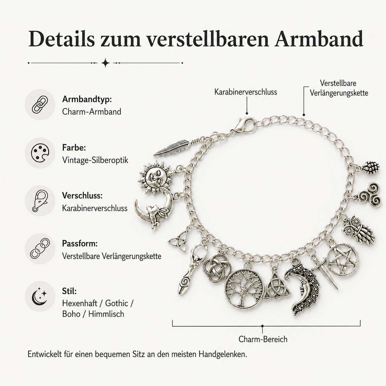 Mystisches Vintage-Charm-Armband für Damen – Celestial Gothic Boho Schmuck🔮✨