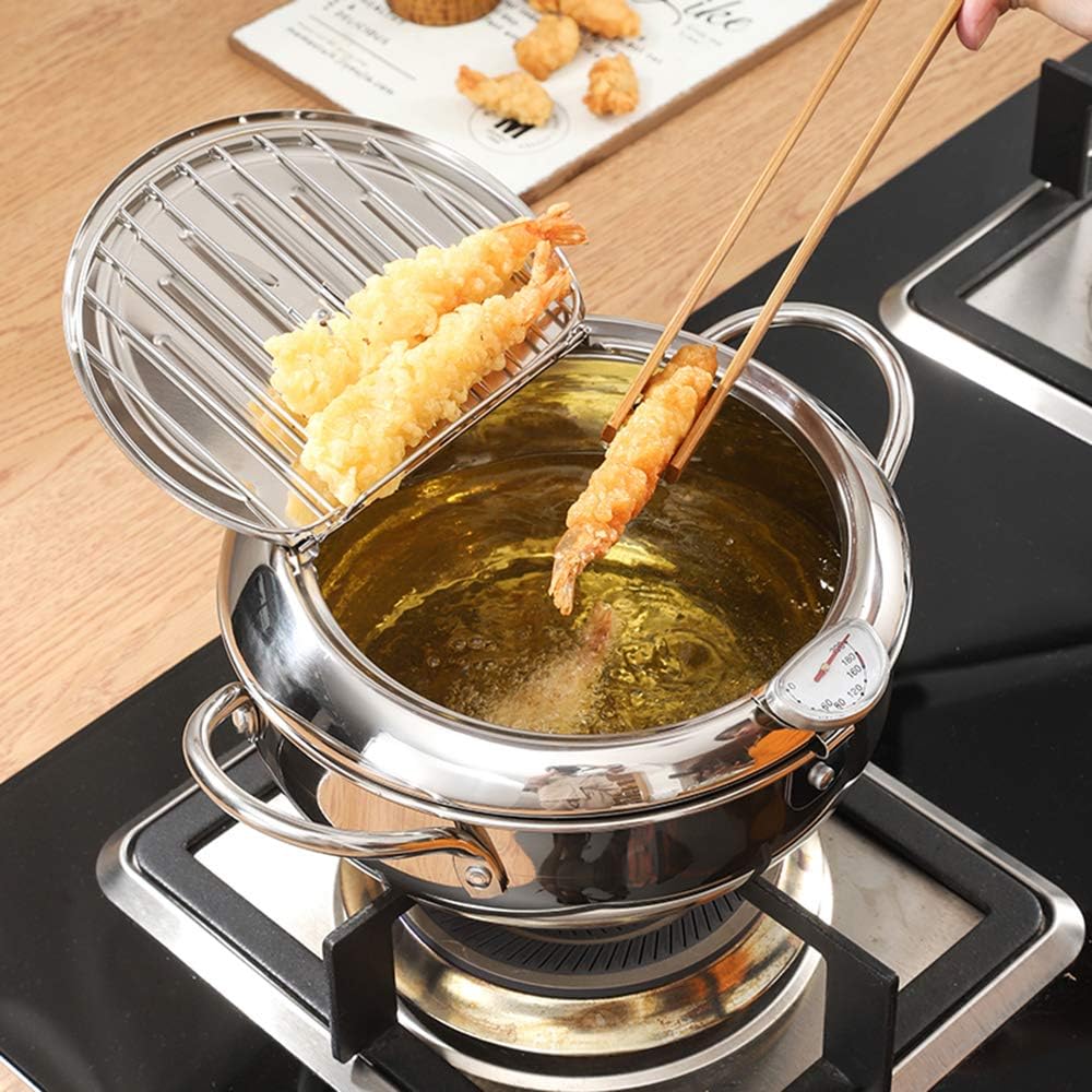 🍤Deep Fryer Pot with Oil Drop Tray Basket and Oil Thermometer, 304 Stainless Steel, Japanese-Style