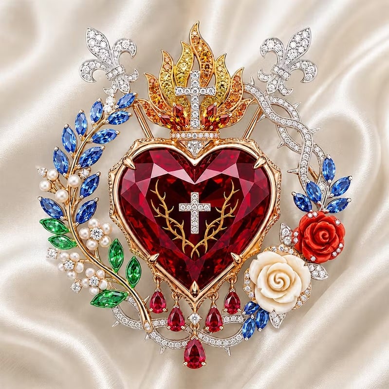 🔥HOT SALE 49% OFF❤️Sacred Heart Floral Gemstone Brooch | Vintage Palace-Inspired Statement Pin✨