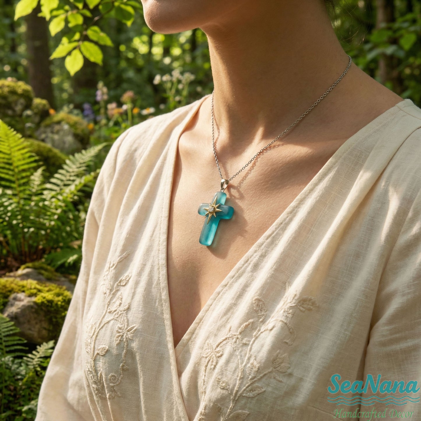 🌊Ocean Blessed Cross-Sea Glass Pendant That Shines with Faith & Nature💫