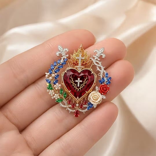 🔥HOT SALE 49% OFF❤️Sacred Heart Floral Gemstone Brooch | Vintage Palace-Inspired Statement Pin✨