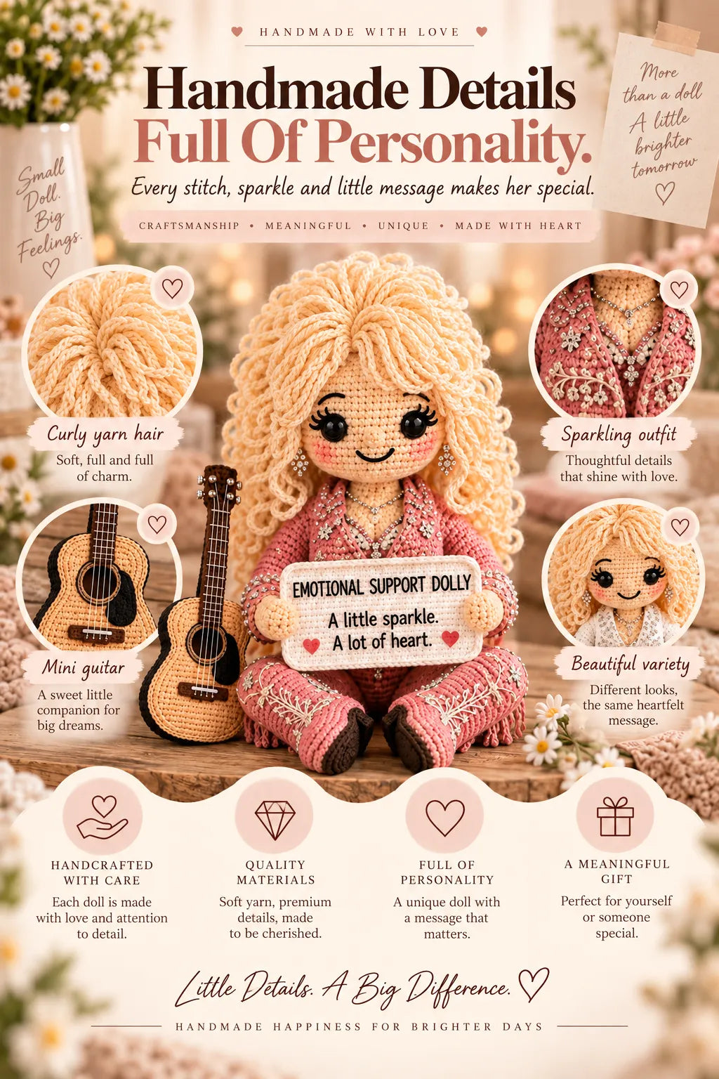 🔥LAST DAY 50% OFF - 💗Handmade Crochet Emotional Support Dolls | Country‑Music‑Inspired Encouragement Keepsake Gift With Heartfelt Positive Message Cards