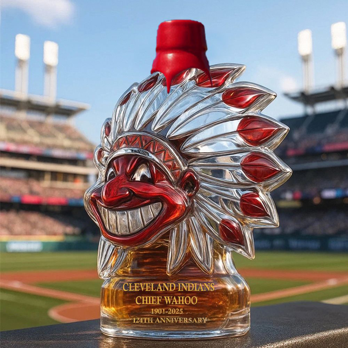 Let's Go Tribe! 125th Anniversary Chief Wahoo Whiskey Bottle